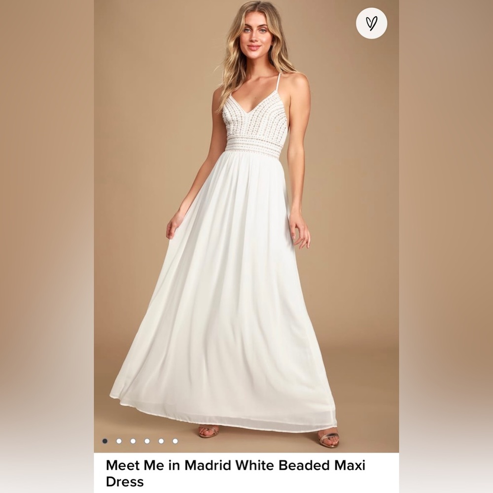 Lulus Meet Me in Madrid White Beaded Maxi Dress, S, NWT (no longer on site!)